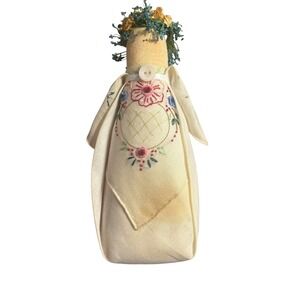 Handmade Primitive Fabric Angel Doll Hand Embroidered Floral Dried Flower Crown